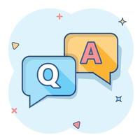 Question and answer icon in comic style. Discussion speech bubble vector cartoon illustration pictogram. Question, answer business concept splash effect.