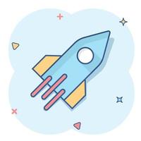 Rocket icon in comic style. Spaceship launch cartoon vector illustration on white isolated background. Sputnik splash effect business concept.