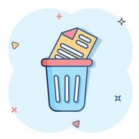 Trash bin with document icon in comic style. Paper recycle cartoon vector illustration on white isolated background. Office garbage splash effect business concept.