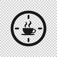 Coffee break icon in flat style. Clock with tea cup vector illustration on white isolated background. Breakfast time business concept.