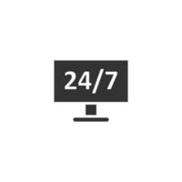 24 7 computer icon in flat style. All day service vector illustration on white isolated background. Support business concept.