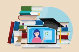 Online education concept, vector illustration. Study, learning online with laptop, tablet, smartphone and headphones from home. Cozy online learing and education with coffee and learning books