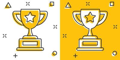 icono de copa de trofeo en estilo cómico. cáliz premio ilustración vectorial de dibujos animados sobre fondo aislado. concepto de negocio de signo de efecto de salpicadura de premio. vector