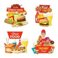 iconos de entrega de comida rápida en la calle y repartidor vector
