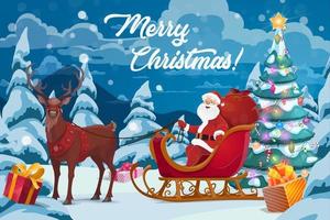 Santa, Christmas gifts, tree and reindeer sleigh
