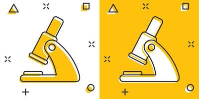 Microscope icon in comic style. Laboratory magnifier cartoon vector illustration on isolated background. Biology instrument splash effect sign business concept.