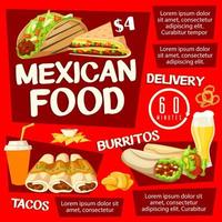 Mexican food with taco, burrito and drinks vector