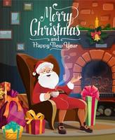 Santa, Christmas fireplace, gift bag and presents vector