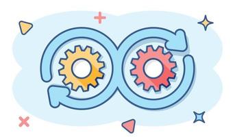 icono de desarrollo en estilo cómico. ilustración de dibujos animados vectoriales devops sobre fondo blanco aislado. cog con efecto de salpicadura de concepto de negocio de flecha. vector