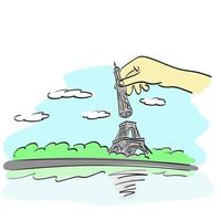 hand holding upper part of eifel tower illustration vector hand drawn isolated on white background line art.