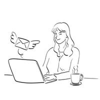 line art woman sending email with wings illustration vector hand drawn isolated on white background