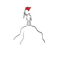 línea arte silueta empresario sosteniendo bandera roja en la cima de la montaña ilustración vector dibujado a mano aislado sobre fondo blanco