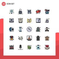 Editable Vector Line Pack of 25 Simple Filled line Flat Colors of map romantic security love hardware Editable Vector Design Elements