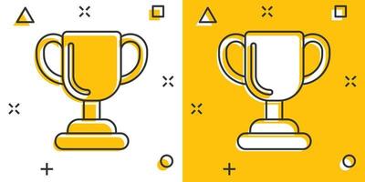 icono de copa de trofeo en estilo cómico. cáliz premio ilustración vectorial de dibujos animados sobre fondo aislado. concepto de negocio de signo de efecto de salpicadura de premio. vector