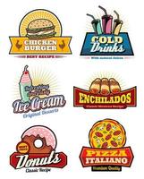 Vector fast food snacks, meas and desserts icons