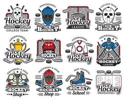 Ice hockey sport icons with sporting items, rink vector