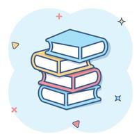 icono de la biblioteca de libros en estilo cómico. ilustración de vector de dibujos animados de enciclopedia sobre fondo blanco aislado. Concepto de negocio de signo de efecto de salpicadura de diccionario.