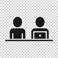 People with laptop computer icon in flat style. Pc user vector illustration on white isolated background. Office manager business concept.