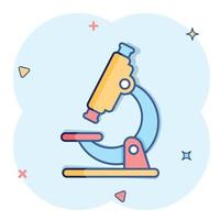 Microscope icon in comic style. Laboratory magnifier cartoon vector illustration on isolated background. Biology instrument splash effect sign business concept.