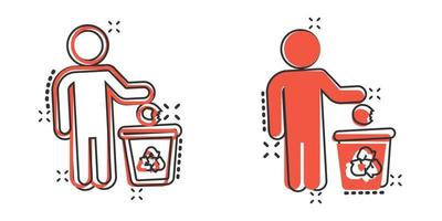 cubo de basura con icono de personas en estilo cómico. reciclar ilustración vectorial de dibujos animados sobre fondo blanco aislado. Concepto de negocio de signo de efecto de salpicadura de cesta de basura. vector