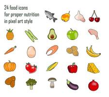 24 íconos de alimentos para una nutrición adecuada en estilo pixel art vector