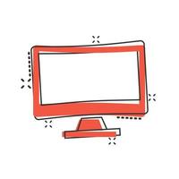 computadora personal en estilo cómico. ilustración de vector de dibujos animados de pc de escritorio sobre fondo aislado. concepto de negocio de signo de efecto de salpicadura de pantalla de monitor.