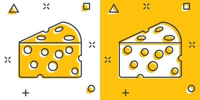 icono de rebanada de queso en estilo cómico. ilustración de vector de dibujos animados de alimentos de leche sobre fondo aislado. concepto de negocio de signo de efecto de salpicadura de desayuno.