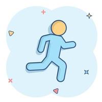 Running people sign icon in comic style. Run silhouette vector cartoon illustration on white isolated background. Motion jogging business concept splash effect.