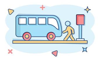 icono de la estación de autobuses en estilo cómico. ilustración de vector de dibujos animados de parada automática sobre fondo blanco aislado. concepto de negocio de efecto de salpicadura de vehículo autobus.