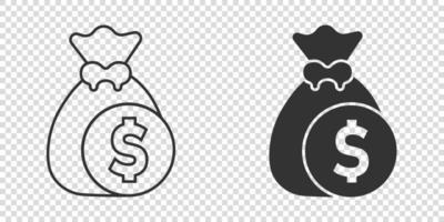icono de bolsa de dinero en estilo plano. Ilustración de vector de bolsa de dinero sobre fondo aislado. concepto de negocio de signo de saco de monedas.