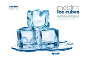 cubitos de hielo derritiéndose y charco de agua azul vector 3d