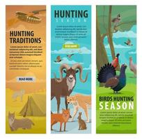 Animal, bird and hunter on hunting sport banners vector