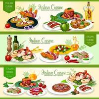 Italian cuisine meat dishes with vegetables, bread vector