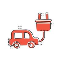 icono de coche eléctrico en estilo cómico. ilustración de vector de dibujos animados electro auto sobre fondo blanco aislado. concepto de negocio de efecto de salpicadura de transporte ecológico.