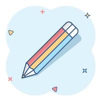 Pencil with rubber eraser icon in comic style. Highlighter vector cartoon illustration pictogram. Pencil business concept splash effect.