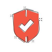 escudo con icono de marca de verificación en estilo cómico. proteger la ilustración vectorial de dibujos animados sobre fondo blanco aislado. concepto de negocio de efecto de salpicadura de guardia de marca de verificación. vector