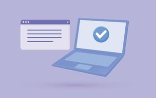 3D Computer and check mark icon. Approved icon. File, checklist, document, form, plan. Document agreeing and signing offer vector