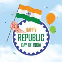 día de la república de la india. mano orgullosamente sosteniendo la bandera india con confeti y globos volando alrededor en el fondo del cielo vector