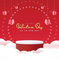 Happy Valentines day sale background. product Podium in clouds with hanging hears background vector