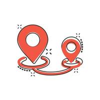 Map pin icon in comic style. GPS navigation cartoon vector illustration on white isolated background. Locate position splash effect business concept.