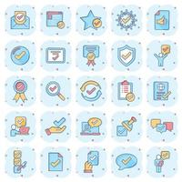 Approve icon set in comic style. Check mark cartoon vector illustration on white isolated background. Tick accepted splash effect business concept.