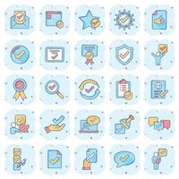 Approve icon set in comic style. Check mark cartoon vector illustration on white isolated background. Tick accepted splash effect business concept.