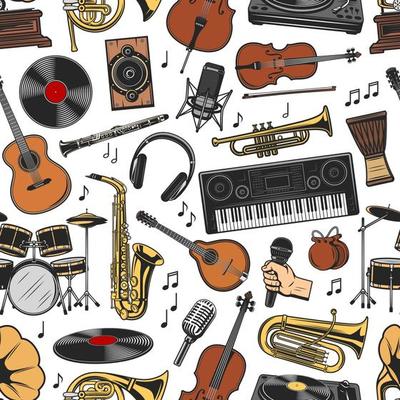 Musical instruments and equipment seamless pattern
