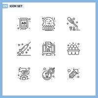 Group of 9 Modern Outlines Set for live coaching equipment business syringe Editable Vector Design Elements