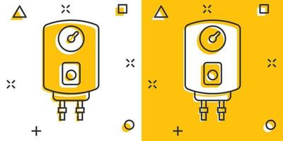 Gas boiler icon in comic style. Heater cartoon vector illustration on isolated background. Boiling splash effect sign business concept.