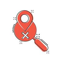 Map pin with magnifier icon in comic style. Gps navigation cartoon vector illustration on white isolated background. Locate position splash effect business concept.