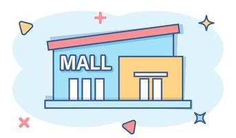 icono de centro comercial en estilo cómico. almacenar ilustración vectorial de dibujos animados sobre fondo blanco aislado. concepto de negocio de efecto de salpicadura de tienda. vector