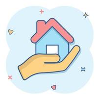 Home care icon in comic style. Hand hold house vector cartoon illustration on white isolated background. Building quality business concept splash effect.