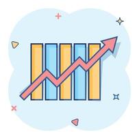 Growing bar graph icon in comic style. Increase arrow vector cartoon illustration pictogram. Infographic progress business concept splash effect.