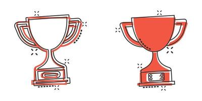 Trophy cup icon in comic style. Goblet prize cartoon vector illustration on isolated background. Award splash effect sign business concept.